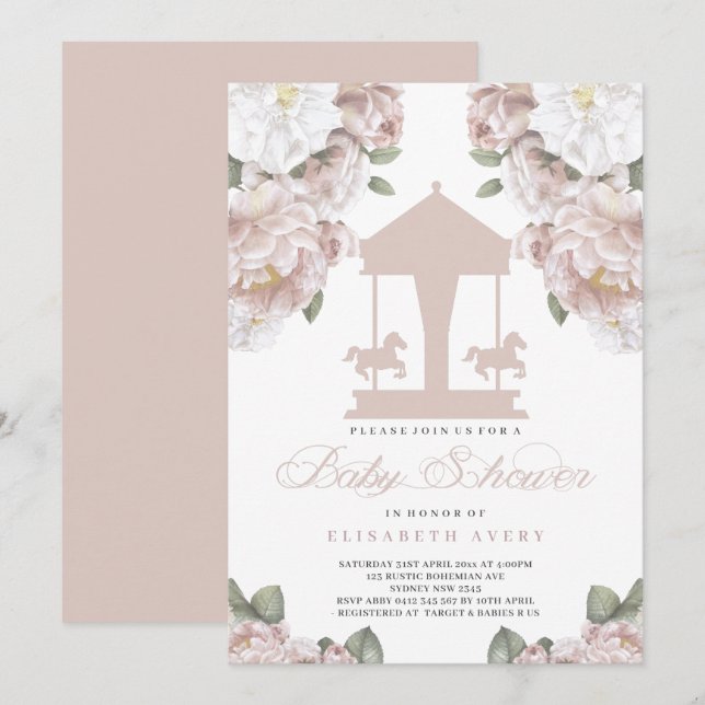 Carousel Floral Soft Pink Baby Shower Invitation (Front/Back)