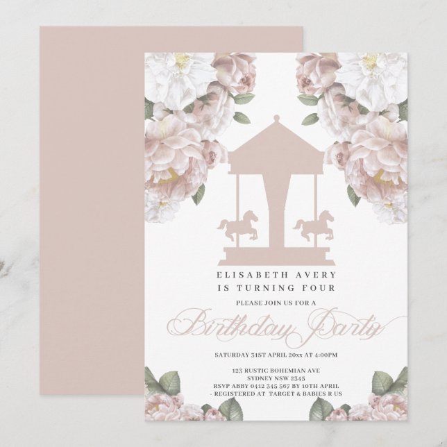 Carousel Floral Soft Pink Birthday Invitation (Front/Back)