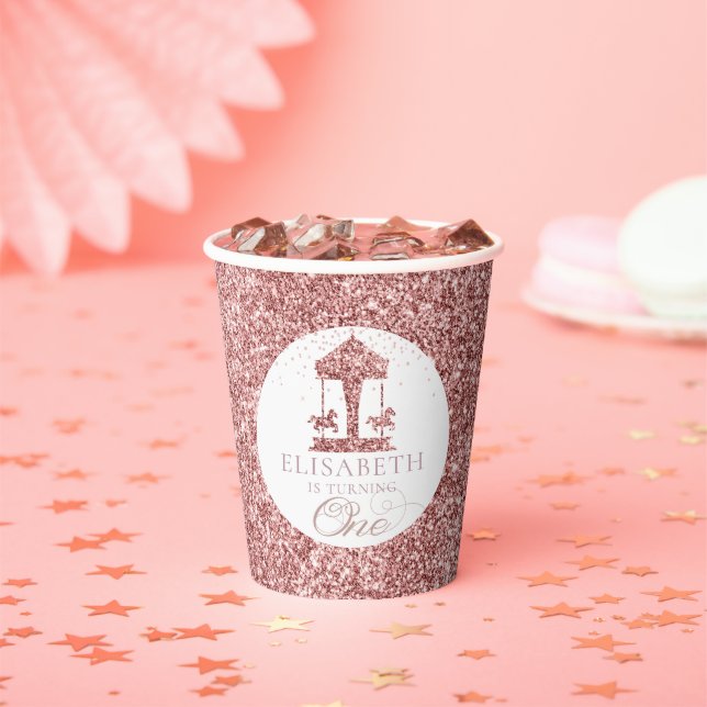 Carousel Glitter Personalized First Birthday Paper Cups (Insitu)