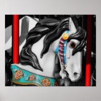 Carousel Horse Black White Partial Colour Poster