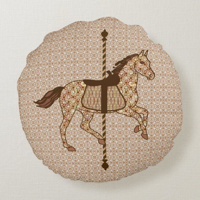 Carousel Horse - Chocolate Brown and Tan Round Pillow (Back)