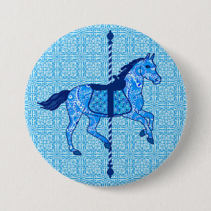 Carousel Horse - Cobalt and Sky Blue 3 Inch Round Button