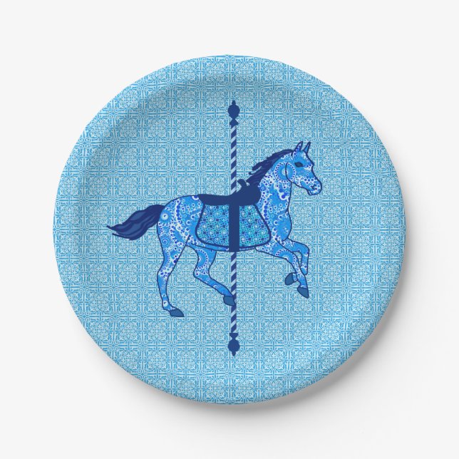 Carousel Horse - Cobalt and Sky Blue Paper Plate (Front)