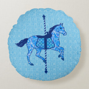 Carousel Horse - Cobalt and Sky Blue Round Pillow