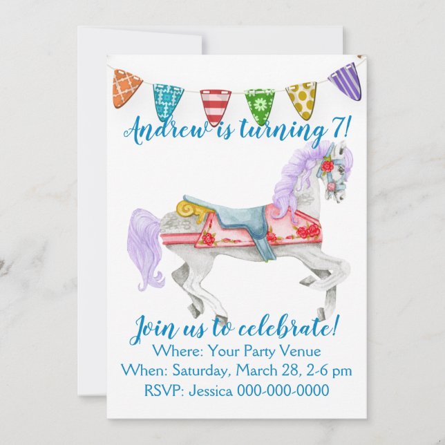 Carousel Horse Custom Birthday Invitation (Front)