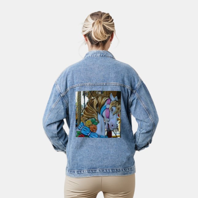 Carousel Horse Gold Mane Blue Ribbon Yellow Orange Denim Jacket (Model)