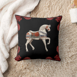 Carousel Horse Red Scalloped Border Throw Pillow