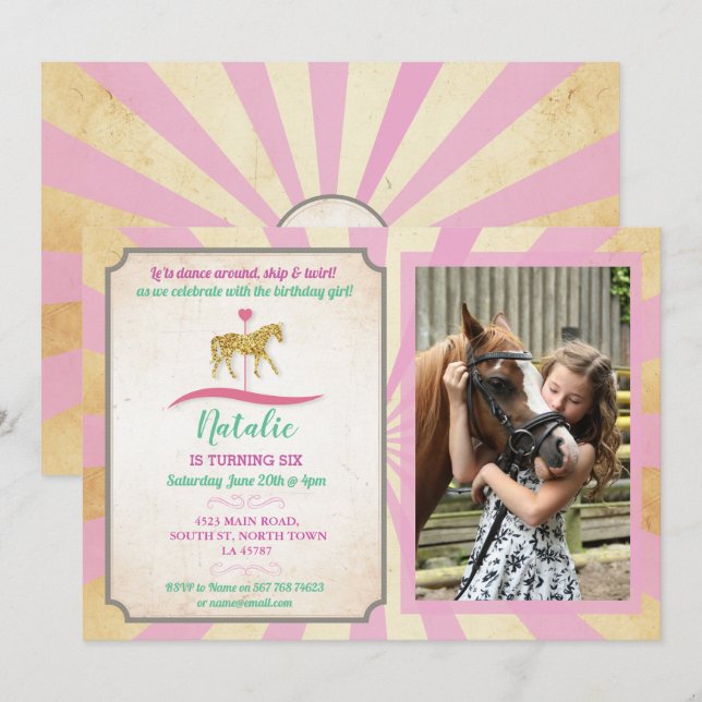 Carousel Horse Riding Party Invite Photo Birthday (Front/Back)