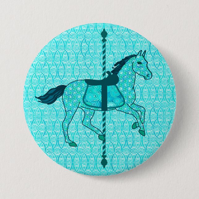 Carousel Horse - Turquoise and Aqua 3 Inch Round Button (Front)