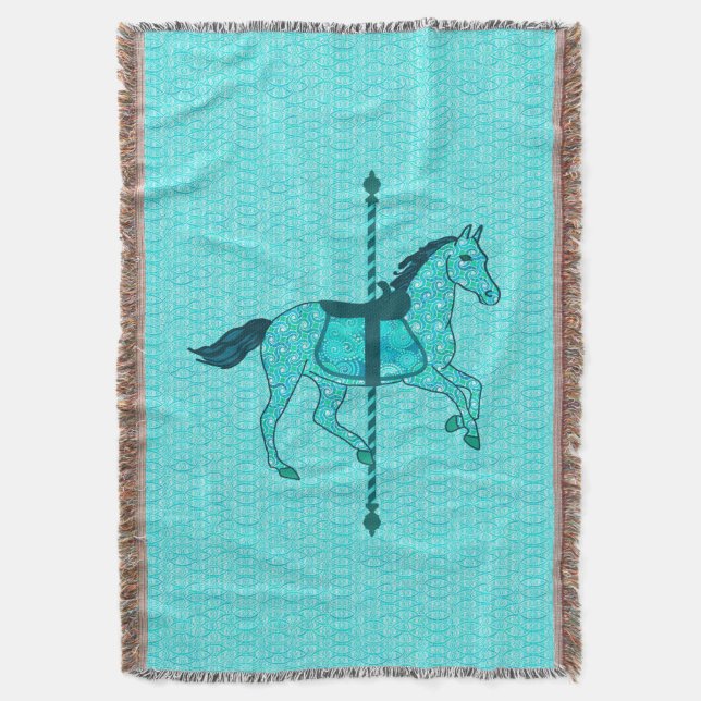 Carousel Horse - Turquoise and Aqua Throw Blanket (Front Vertical)