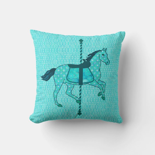 Carousel Horse - Turquoise and Aqua Throw Pillow (Front)