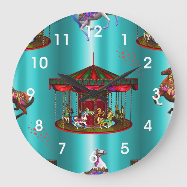 Carousel Horses on Blue Large Clock (Front)