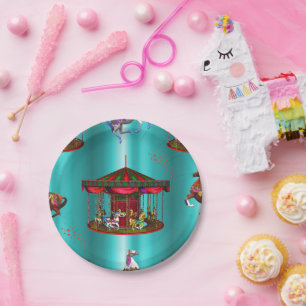Carousel Horses on Blue Paper Plate
