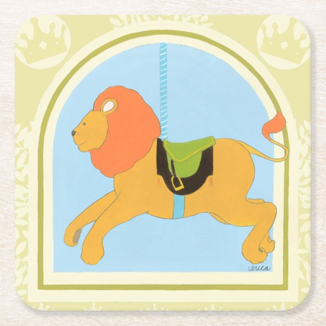 Carousel Lion by June Erica Vess Square Paper Coaster (Front)