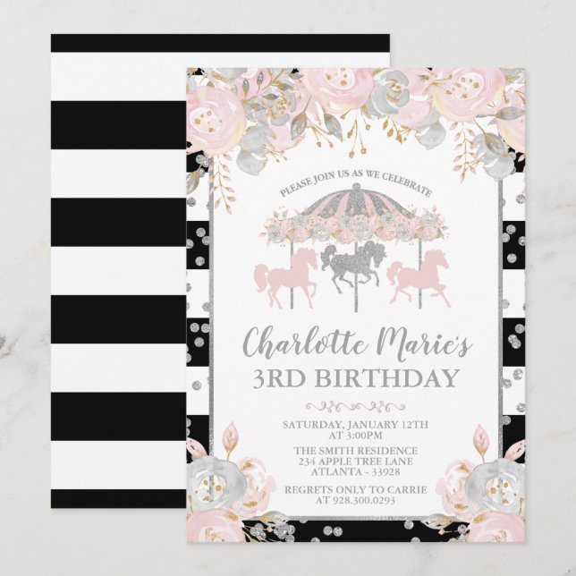 Carousel pink and silver birthday invitation (Front/Back)