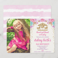 Carousel pink gold teal photo birthday invitation