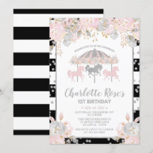 Carousel Pink Silver First Birthday Invitation
