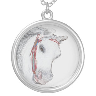 Carousel Pony Coloured Pencil Drawing   Horse Face Silver Plated Necklace