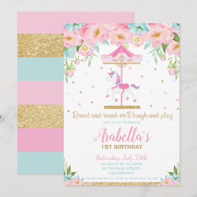 Carousel Unicorn 1st Birthday Pink Mint Floral Invitation (Front/Back)