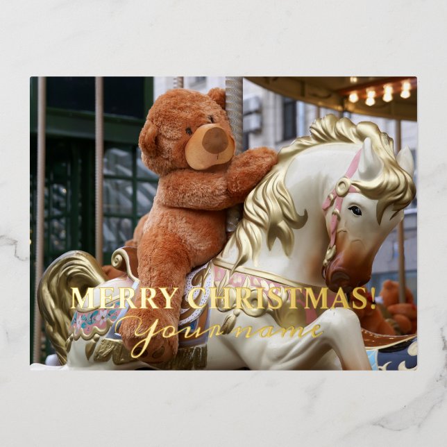 Carousel with Teddy Bear Foil Holiday Postcard (Front)