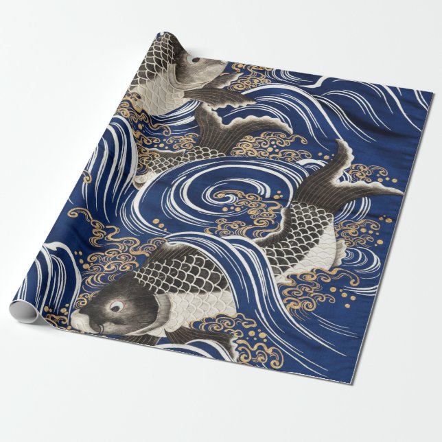Carp and Waves Japanese Style Wrapping Paper (Unrolled)