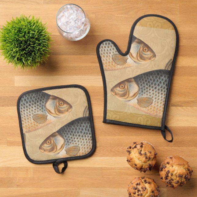Carp fish fishing painting freshwater oven mitt & pot holder set (Top Down)