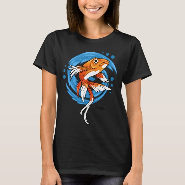 Carp Koi Fish on Blue Waves T-Shirt (Front)