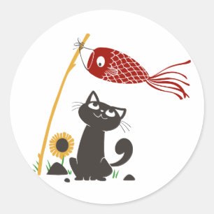 Carp streamer happy cat - Choose background colour Classic Round Sticker