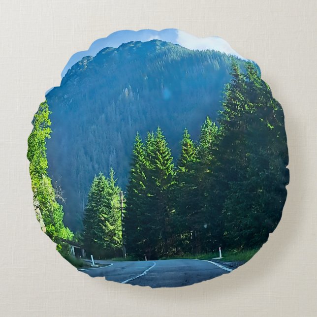 Carpathian Forest Road – Romania Mountain Print Round Pillow (Front)