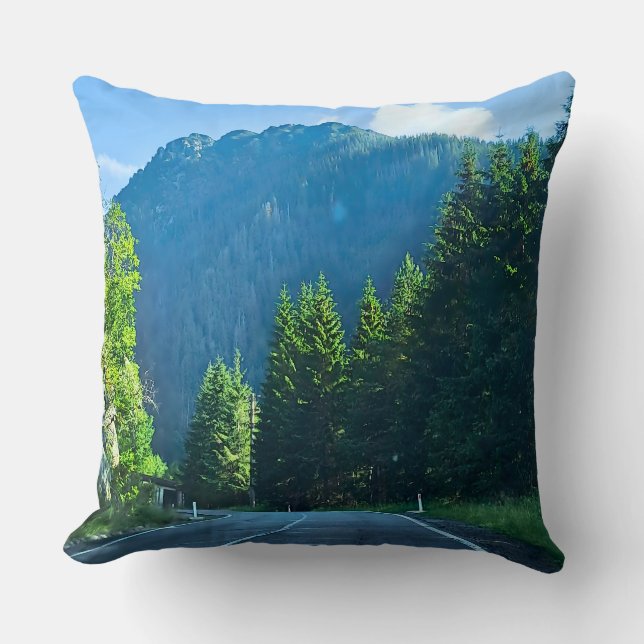 Carpathian Forest Road – Romania Mountain Print Throw Pillow (Front)