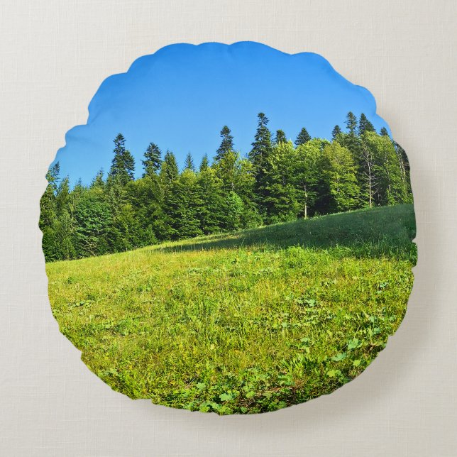 Carpathian Green Meadow – Romania Mountain Print Round Pillow (Front)