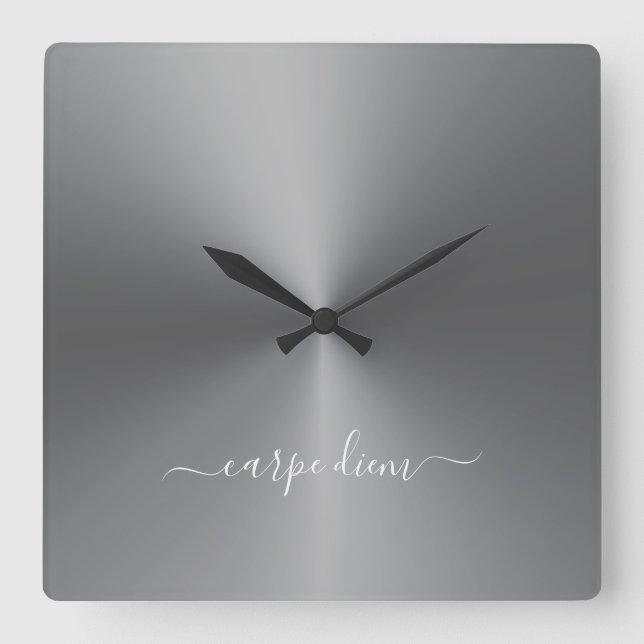 Carpe Diem Dark Grey Metallic Style Acrylic Square Wall Clock (Front)