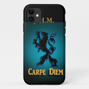 "Carpe Diem" Iphone case with black and blue Lion.