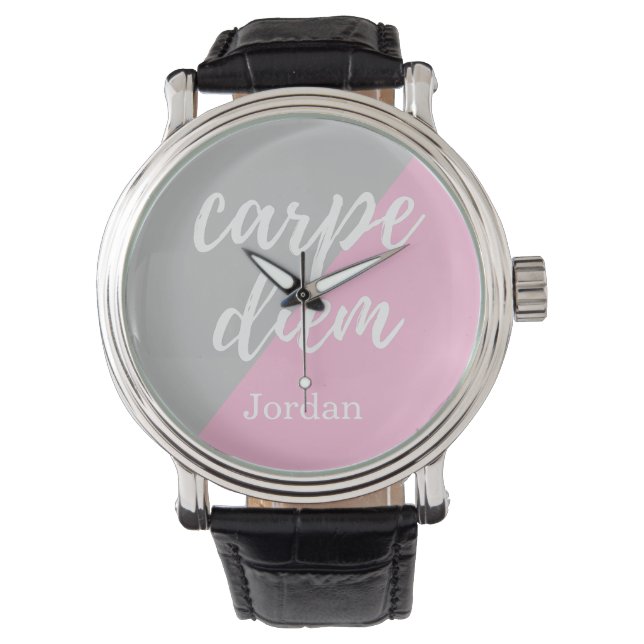 "Carpe Diem" Personalized Pink Grey Graduation Wat Watch (Front)