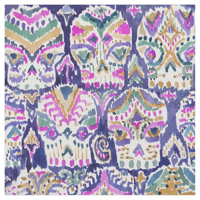 Carpe Diem Purple Boho Watercolor Sugar Skull Fabric (Close Up)
