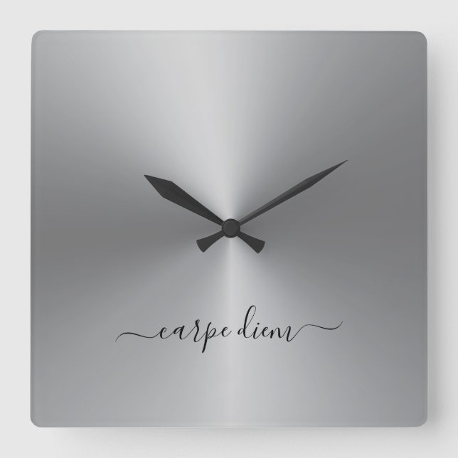 Carpe Diem Silver Metallic Style Acrylic Square Wall Clock (Front)
