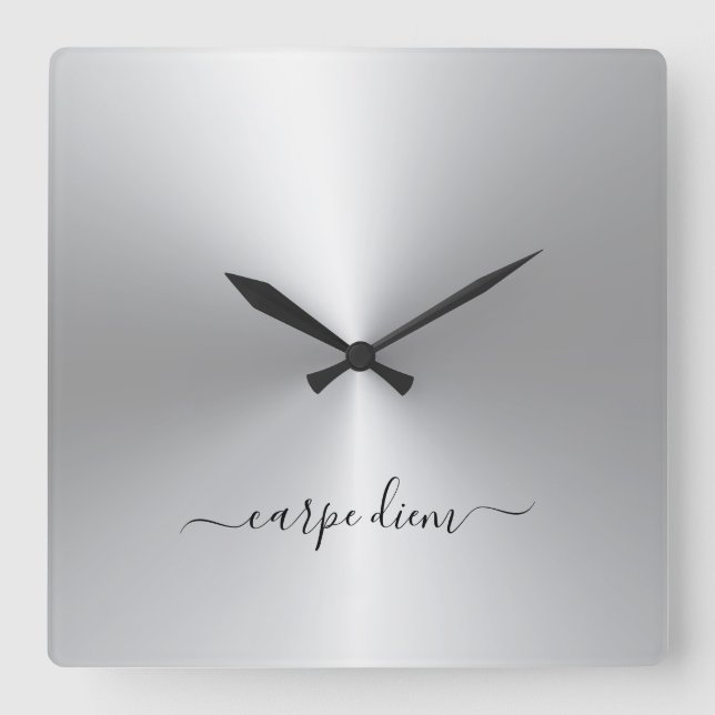 Carpe Diem White Metallic Style Acrylic Square Wall Clock (Front)