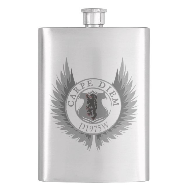 Carpe Diem,wings, shield and lion Hip Flask (Front)