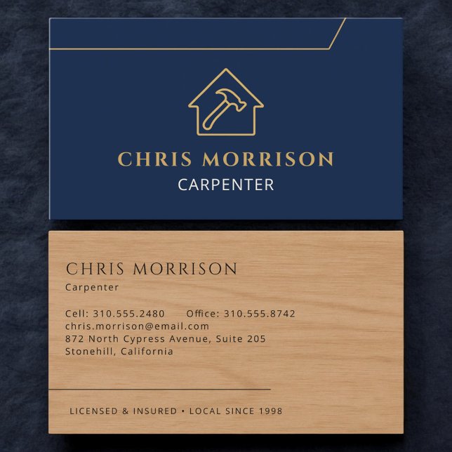Carpenter Carpentry Wood Navy Blue Gold Business Card (Creator Uploaded)