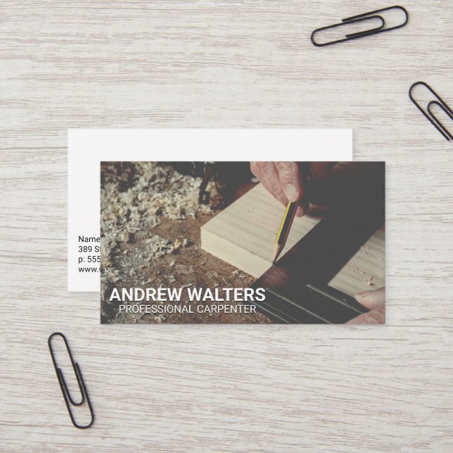 Carpenter Measuring a Cut of Wood Business Card (Front/Back In Situ)