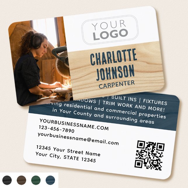 Carpenter Photo Logo Rustic Woodgrain Blue Modern Business Card (Creator Uploaded)