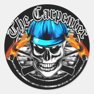 Carpenter Skull and Blue Hard Hat Classic Round Sticker