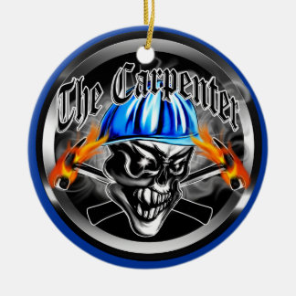 Carpenter Skull with Blue Hard Hat Ceramic Ornament
