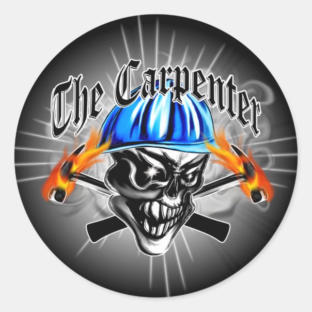 Carpenter Skull with Blue Hard Hat Classic Round Sticker (Front)