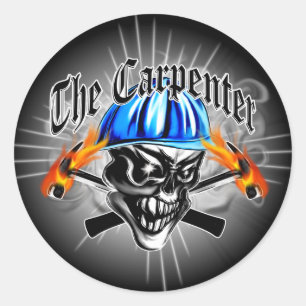 Carpenter Skull with Blue Hard Hat Classic Round Sticker