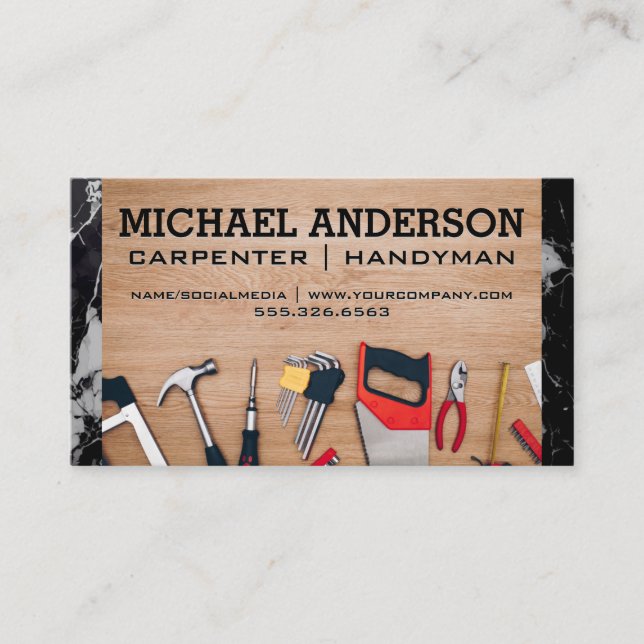 Carpenter Tools on Table | General Contractor Business Card (Front)