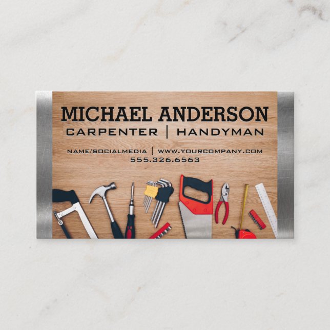Carpenter Tools on Wooden Table | Metal Trim Business Card (Front)