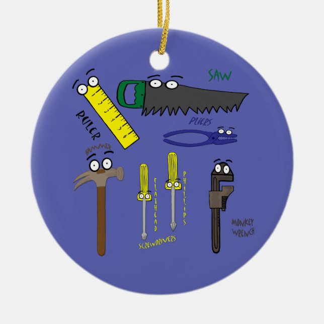 Carpenter Tools Whimsical Cartoon Art Ceramic Ornament (Front)