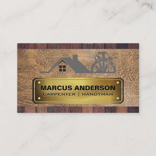 Carpentry Logo | Gold Riveted Plate | Wood Leather Business Card (Front)