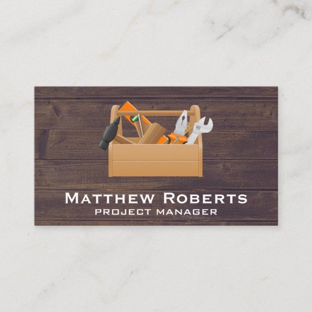Carpentry Tool Box | Wood Background Business Card (Front)